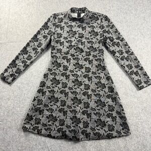 Ivanka Trump Grey Black Floral Jacquard Mock Neck Long Sleeve Mini Dress